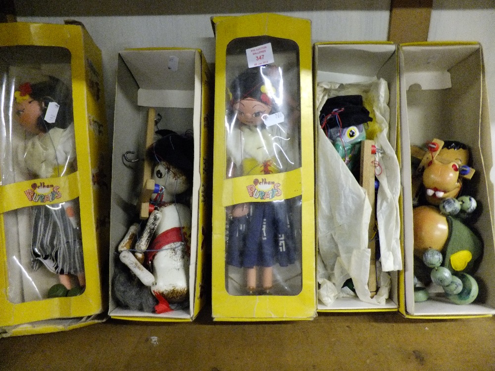 Five boxed Pelham puppets to include 'Baby Dragon' and 'Wicked Witch' etc