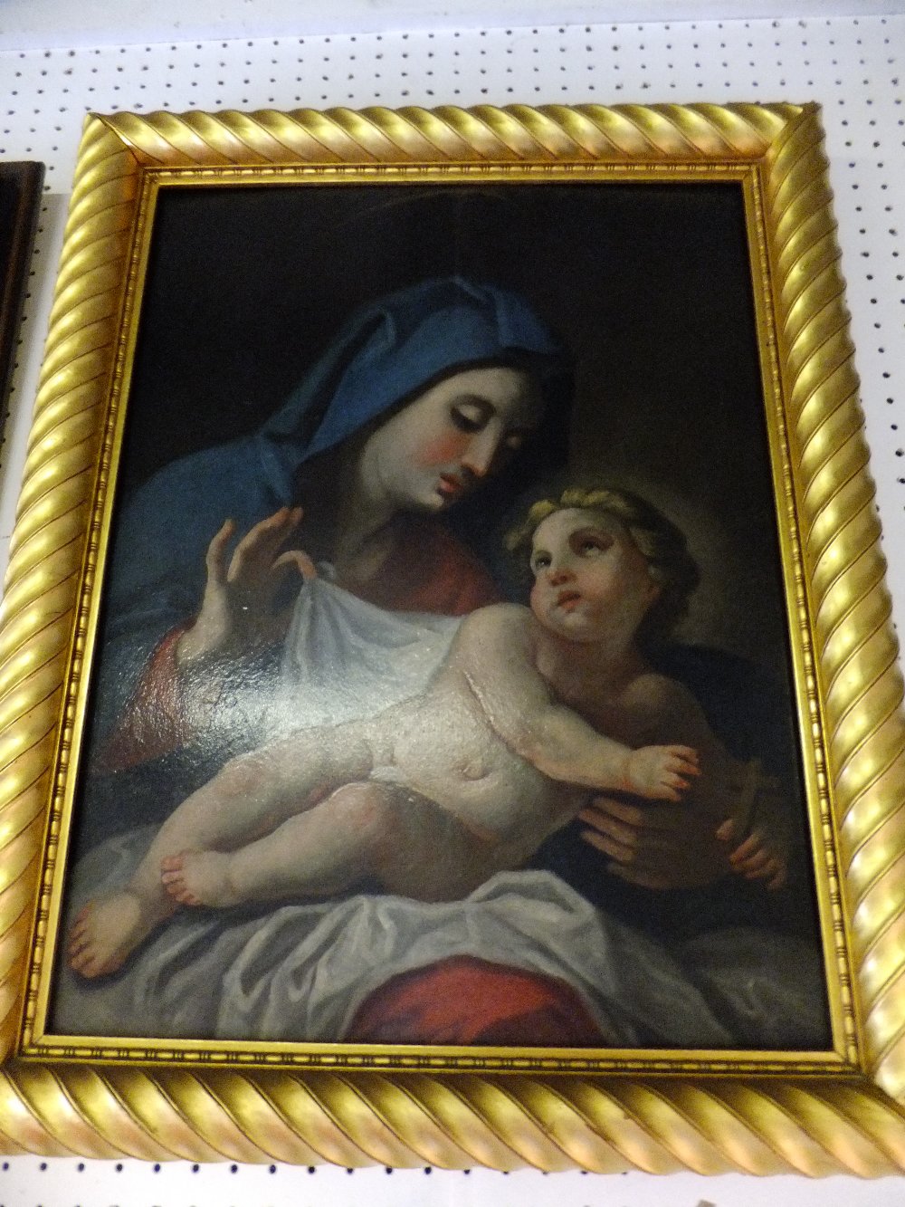 UNKNOWN ARTIST 18thC oil on wooden panel portrait of Madonna and child, unsigned, undated, framed