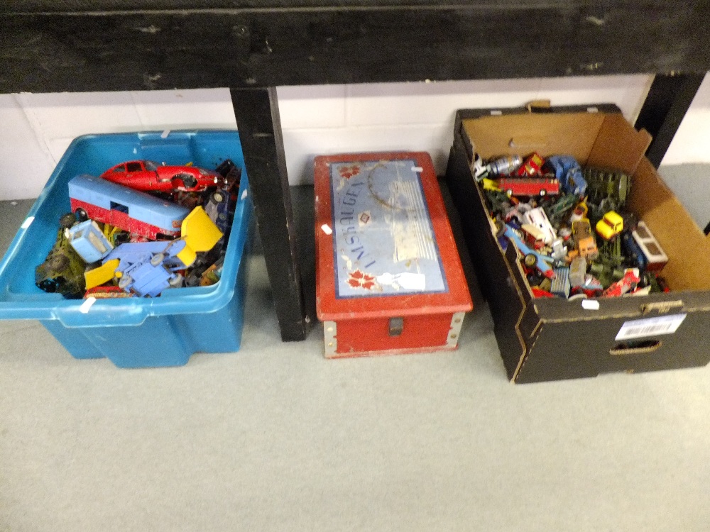 A large selection of playworn diecast toy cars, trucks, planes etc in three boxes