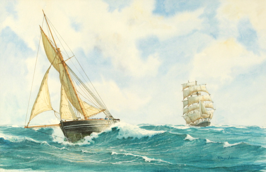 Property of a lady - Roger Adams (C20th British) - `WIND & TIDE`, A CUTTER AND A FISHING BOAT AT SEA