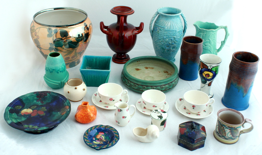 A quantity of assorted ceramics including a Thomas Forester & Sons Phoenix lustre planter (on one