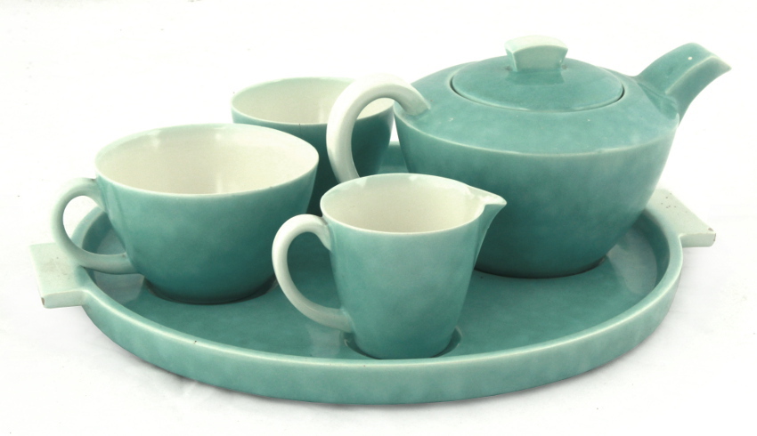 Property of a lady - a Poole Pottery Art Deco style `Shagreen` pattern bachelor tea-set on tray,