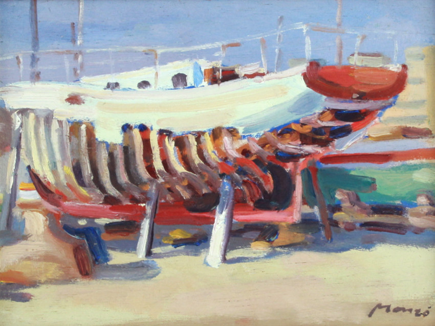 Property of a gentleman - Rafael Monzo (b.1952) - A BOAT IN DRY YARD - oil on panel, 7.1 by 9.45ins.