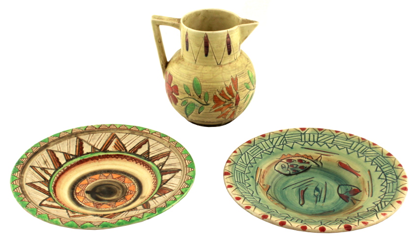 Mabel Leigh for Shorter - two sgraffito dishes, Aztec and Khimara patterns, each 9.1ins. (23cms.)