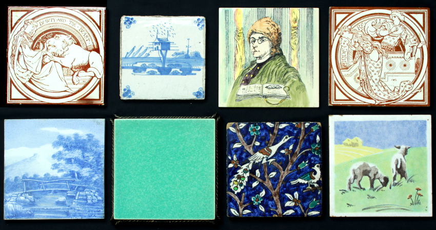 A group of eight assorted ceramic tiles including two Mintons sepia tiles designed by Moyr Smith (