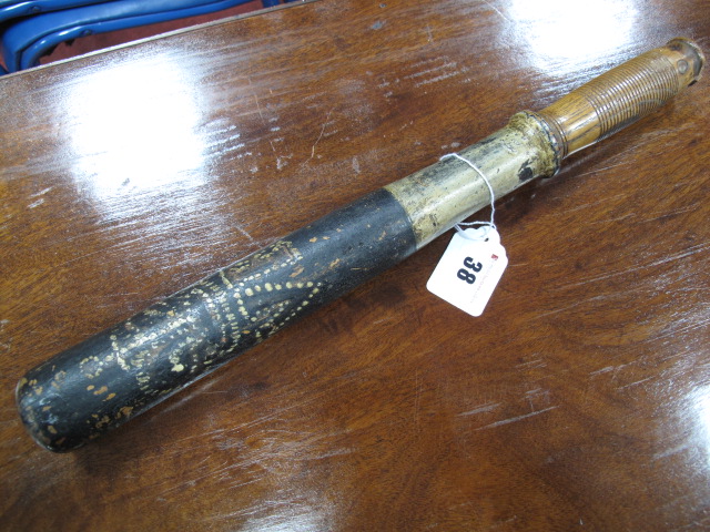 A Victorian Wooden Truncheon, with turned handle `VR` and crown painted in white dots to black
