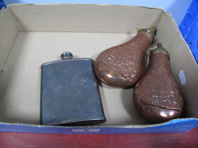 A Pair of XX Century Reproduction `Colts Pendant` Shot Flasks, copper and brass finish, one