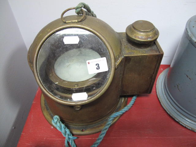 Ships Compass in Brass Binnacle, compass stamped "Kelvin & Hughes", 24cms high.