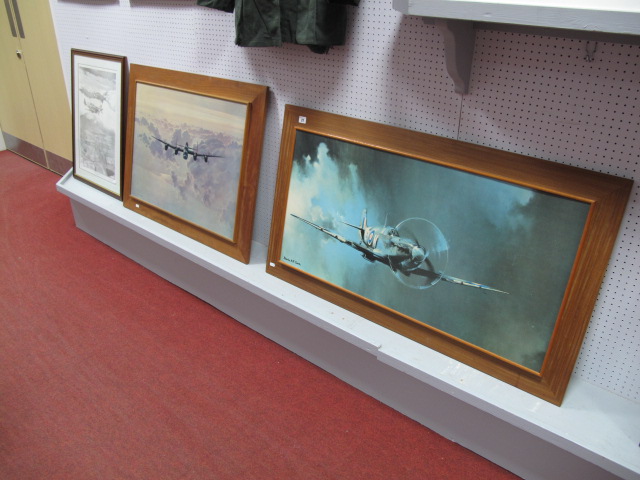 After Neil Cutts, Black and White Print of a Spitfire, signed by the artist and framed. Two 1970`s