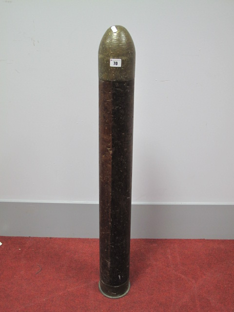 A Mid XX Century Militery Artillery Training Shell, 120mm of wood and brass construction, base