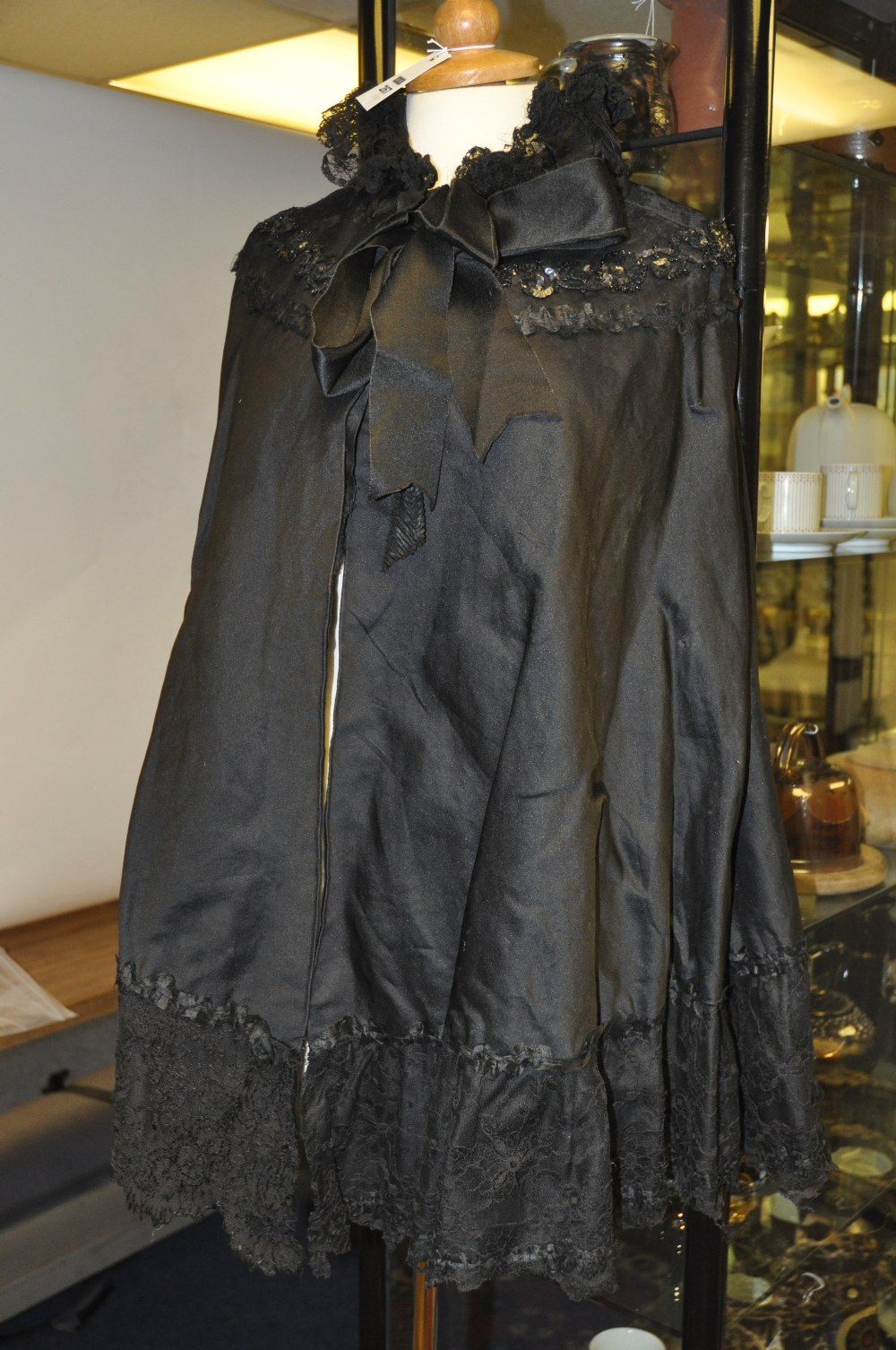 Victorian black silk and lace edged cape