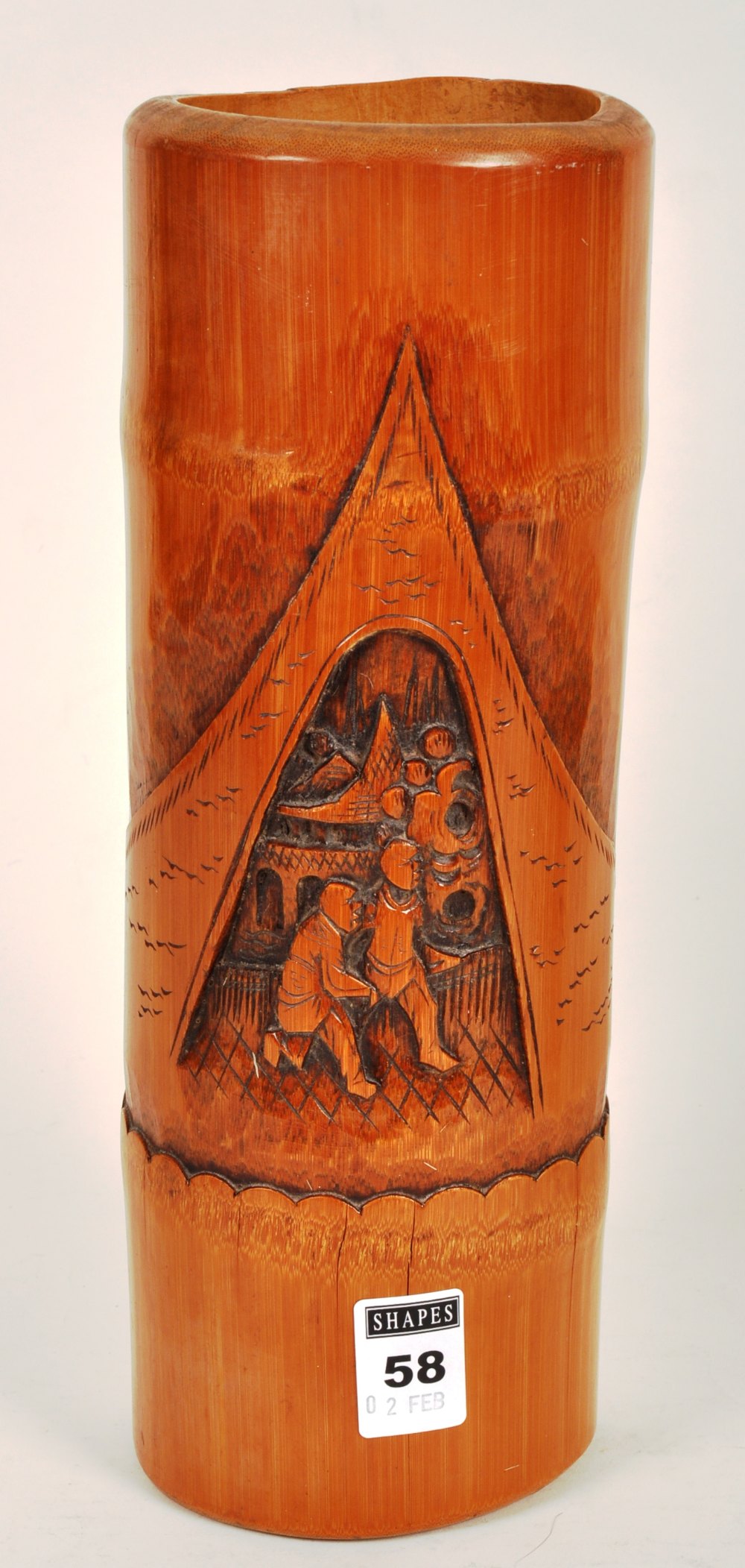 Chinese bamboo brush pot/vase with carved figure decoration, 28cm high