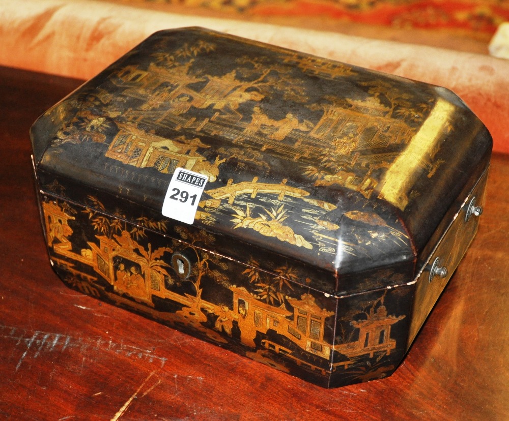 Late 19th Century Chinese black lacquered box of rectangular form with canted corners decorated with