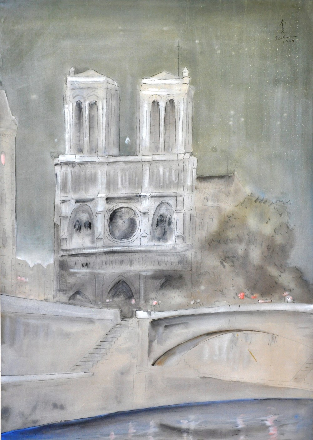 Indistinctly Signed (Continental School) `Notre Dam Cathedral` Gouache and pen, signed 1929, label