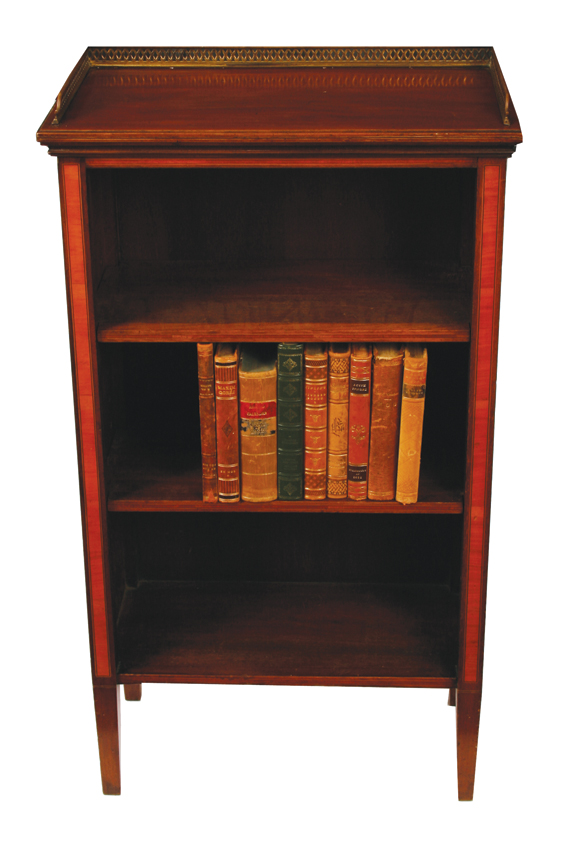 Pair Edwardian mahogany and satinwood bookshelves each with a three-quarter pierced brass gallery