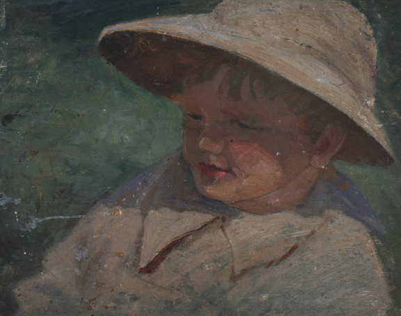 American School Young boy with big hat , Oil on board 27 x 35