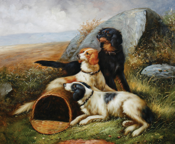 B. Lander Three spaniels Oil on canvas Twentieth-century 51 x 61 cm.