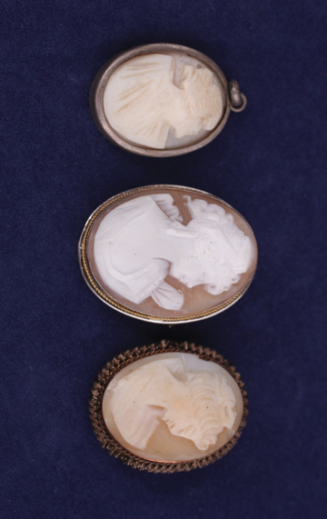 Three vintage real shell silver cameo brooches smaller one with damaged clasp