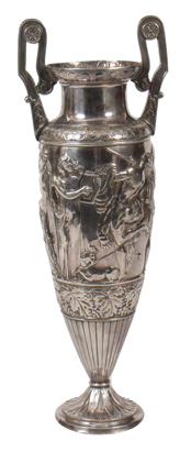 Large sterling silver vase with figural decoration 70 cm. high