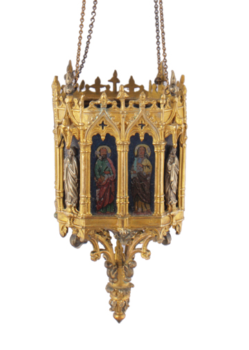 Nineteenth-century gilt bronze hanging santuary light with glazed reverse painted panelled sides