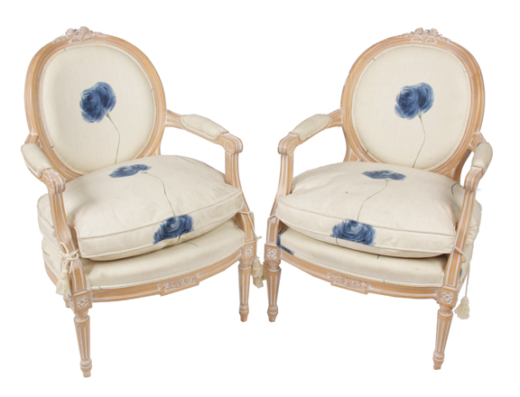 Pair Louis XVI style fauteuils each with painted decoration raised on turned and fluted legs to