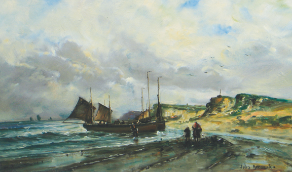Jules Breanski, Unloading the catch, Signed oil on board  29 x 45 cm.