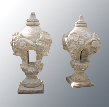 Pair of estate stone carved urns , each of open lantern form  60 cm. high