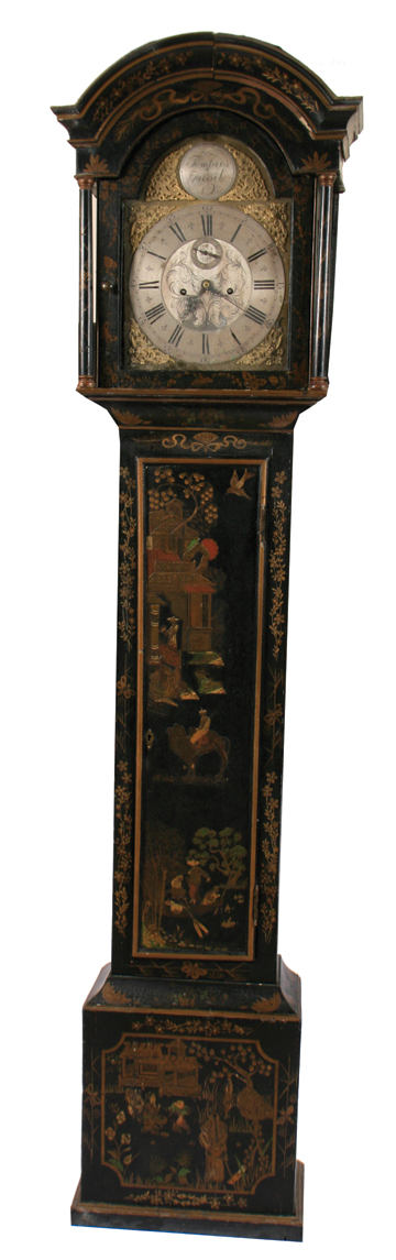 Eighteenth-century lacquered long cased clock, with arched brass and silver dial 223 cm. high