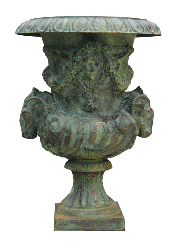 Pair of large cast iron jardinières each of baluster form, decorated with rams head masks 100 cm.