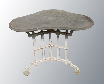 Regency cast iron garden table, with cut stone top 90 cm. wide