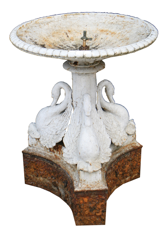 Nineteenth-century cast iron fountain, of circular form, raised on a swan stem and circular base