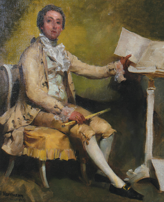 J. Hermann, Seated man and a flute, Oil on canvas 43 x 39 cm.
