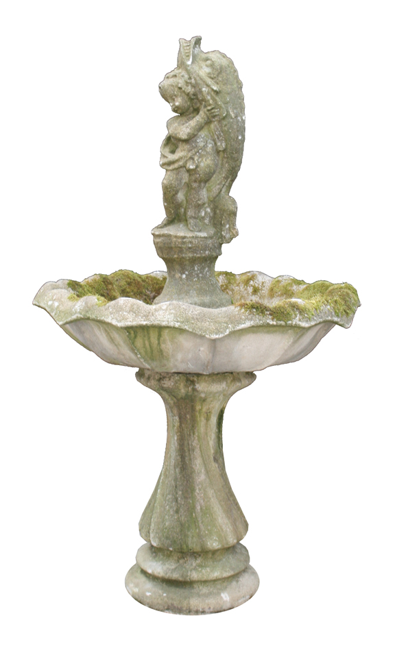 Reconstituted stone cherub mounted fountain 165 cm. high; 86 cm. diameter