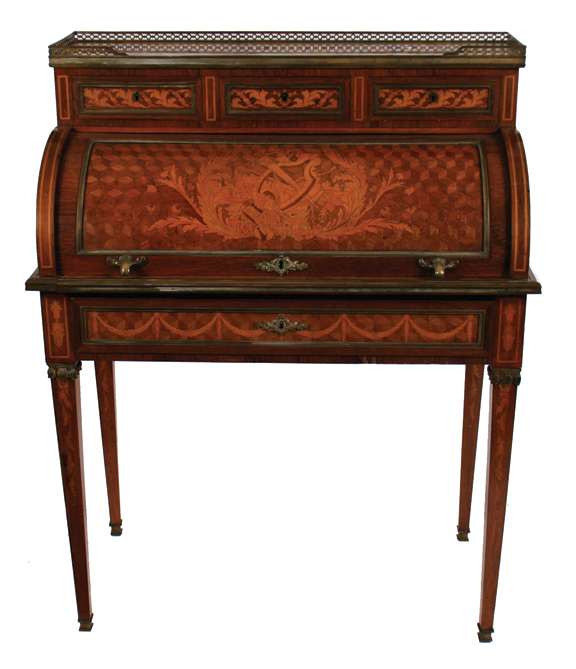Nineteenth-century kingwood and marquetry cylinder writing desk 91 cm. wide