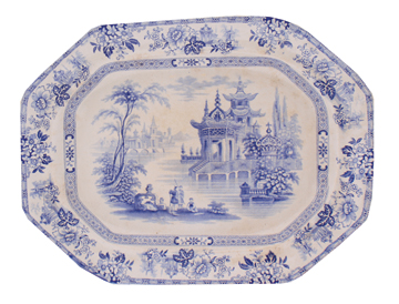 Large rectangular chamfered pictorial Chinoiserie decorated meat platter (Madras) 51 cm. wide