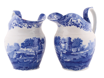 Pair of Copeland Spode blue and white jugs 26 cm. high