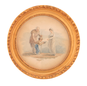 Set of seven Regency period circular gilt framed stipple engravings each 14 cm. diameter