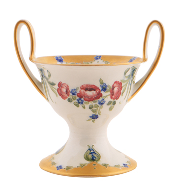 Floral and parcel gilt two handles stemmed bowl, James McIntyre, Burslem, Signed by William