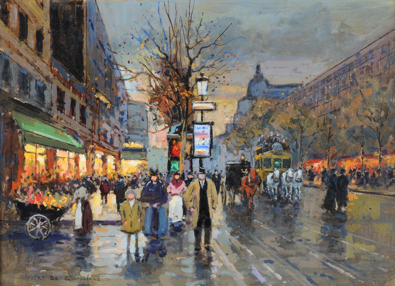 ROBERT de CHATELENNE (American/Texas 20th Century) A PAINTING, "Evening street scene, Paris,"