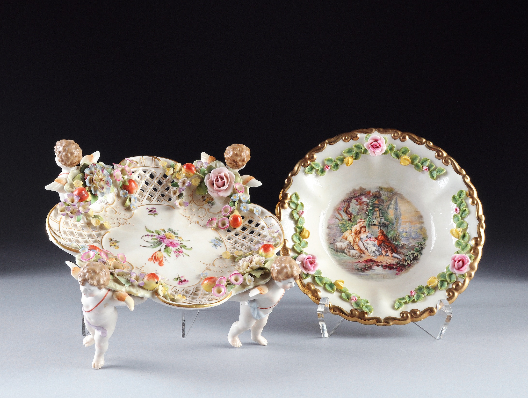 TWO GERMAN POLYCHROME DECORATED FLORAL ENCRUSTED PORCELAIN WARES, BLUE AND GREEN MAKER`S MARKS,