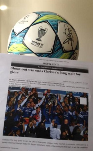 Chelsea signed football. A signed Chelsea football from the UEFA Champions League, Munich 2012.