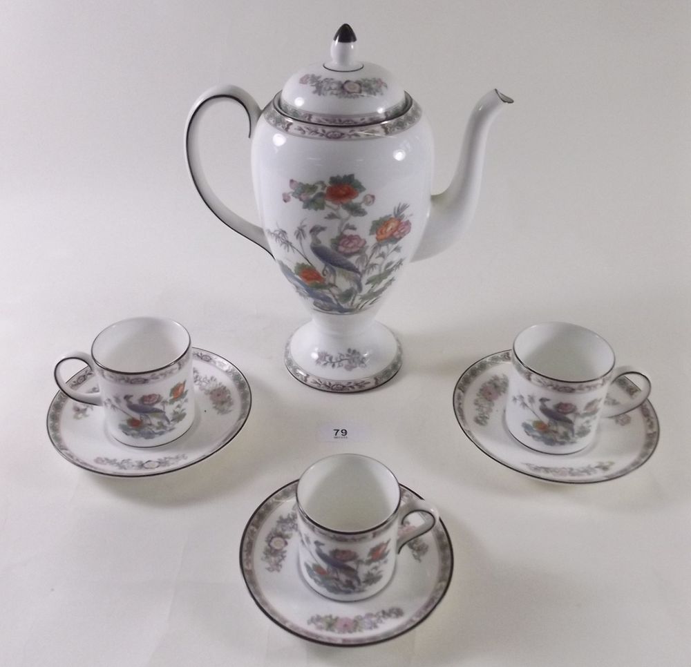 A Wedgwood part coffee set `Kutani Crane` comprising seven large coffee cups, two small cups,