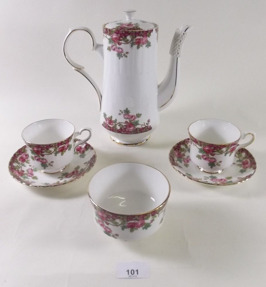 A Royal Stafford teaset `Olde English Garden` comprising: four cups and saucers, teapot, milk and