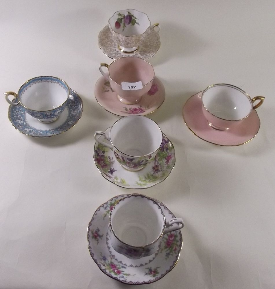Six vintage cups and saucers by Royal Albert, Aynsley etc
