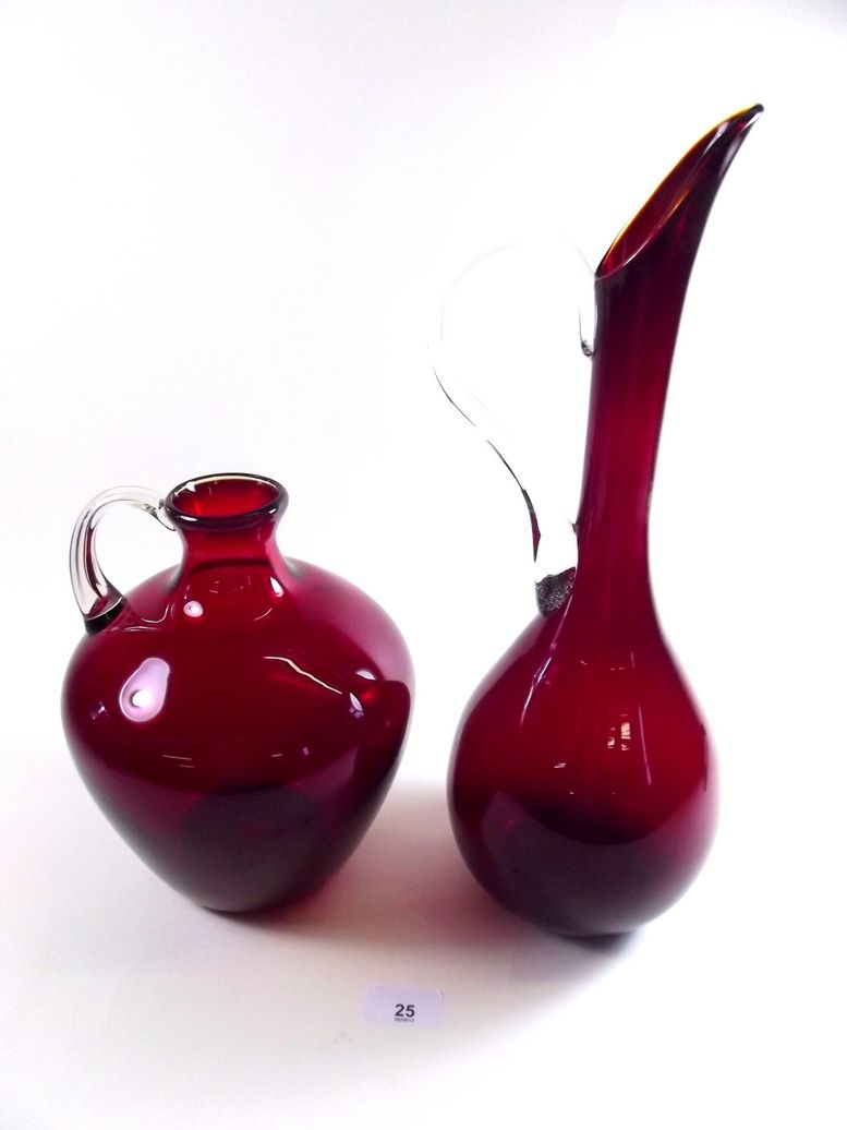 A Whitefriars ruby carafe -24cm, and tall jug - 41cm