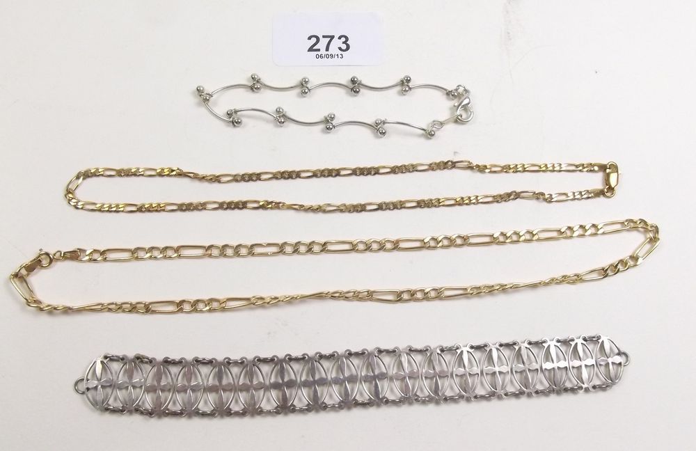 Two gold necklaces, 8g, a silver bracelet and a white metal bracelet