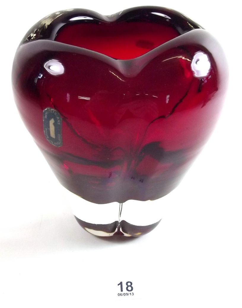 A Whitefriars ruby lobbed vase with label - 14cm