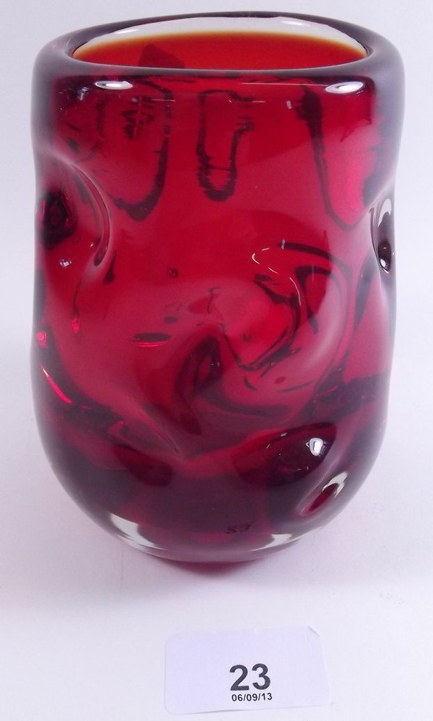 A Whitefriars small ruby nobbly vase - 13cm