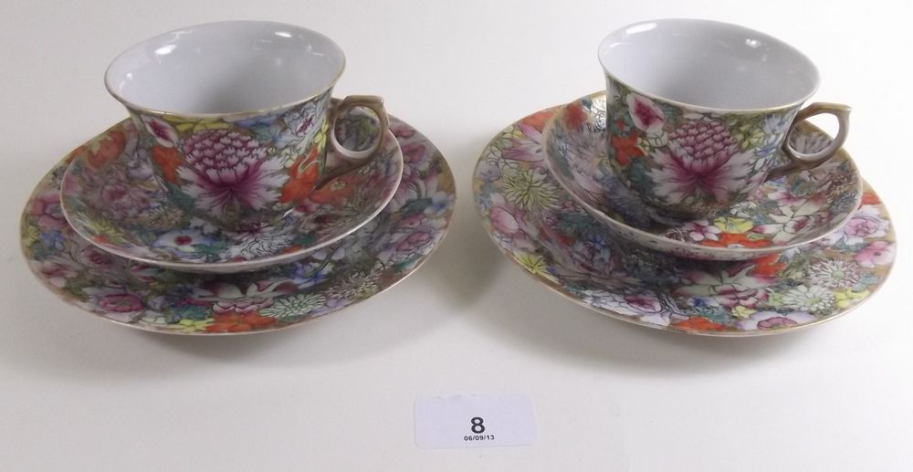 An early 20th century Chinese millefiori part teaset comprising four cups and saucers, four tea