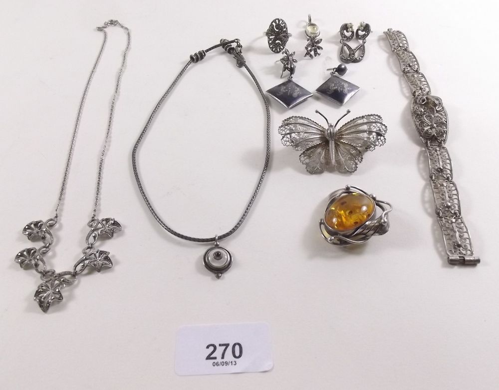 A quantity of marcasite, filigree and amber jewellery